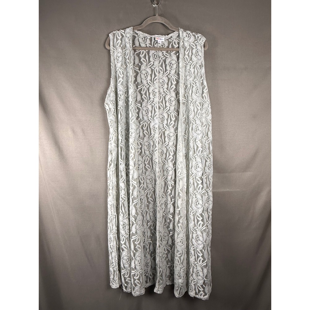 LuLaRoe Joy Duster Cardigan Womens L Mint Green Floral Lace Sleeveless OpenFront